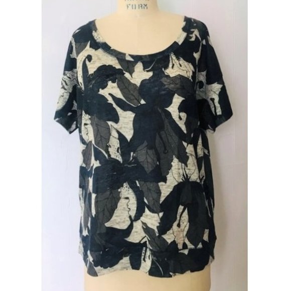 ZARA NAVY GRAY BEIGE LINEN LEAF PRINT SHORT SLEEVE T-SHIRT MEDIUM - Picture 8 of 8